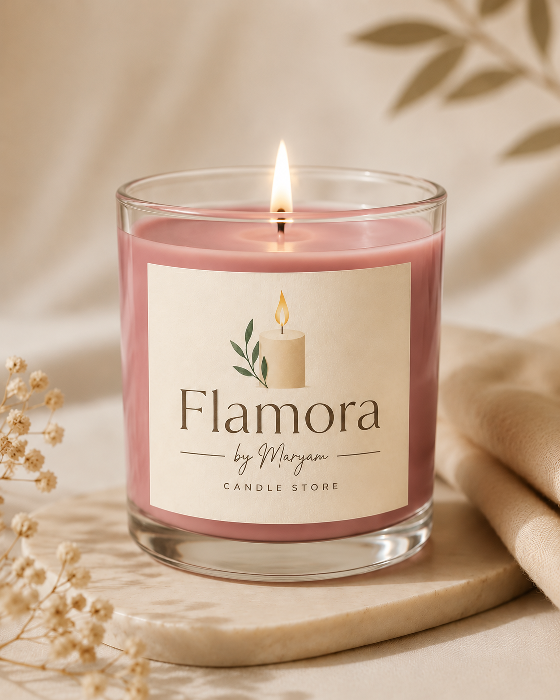 Flamora rose pink soy wax candle in a premium clear glass jar with elegant minimalist label for luxury home décor and gifting.