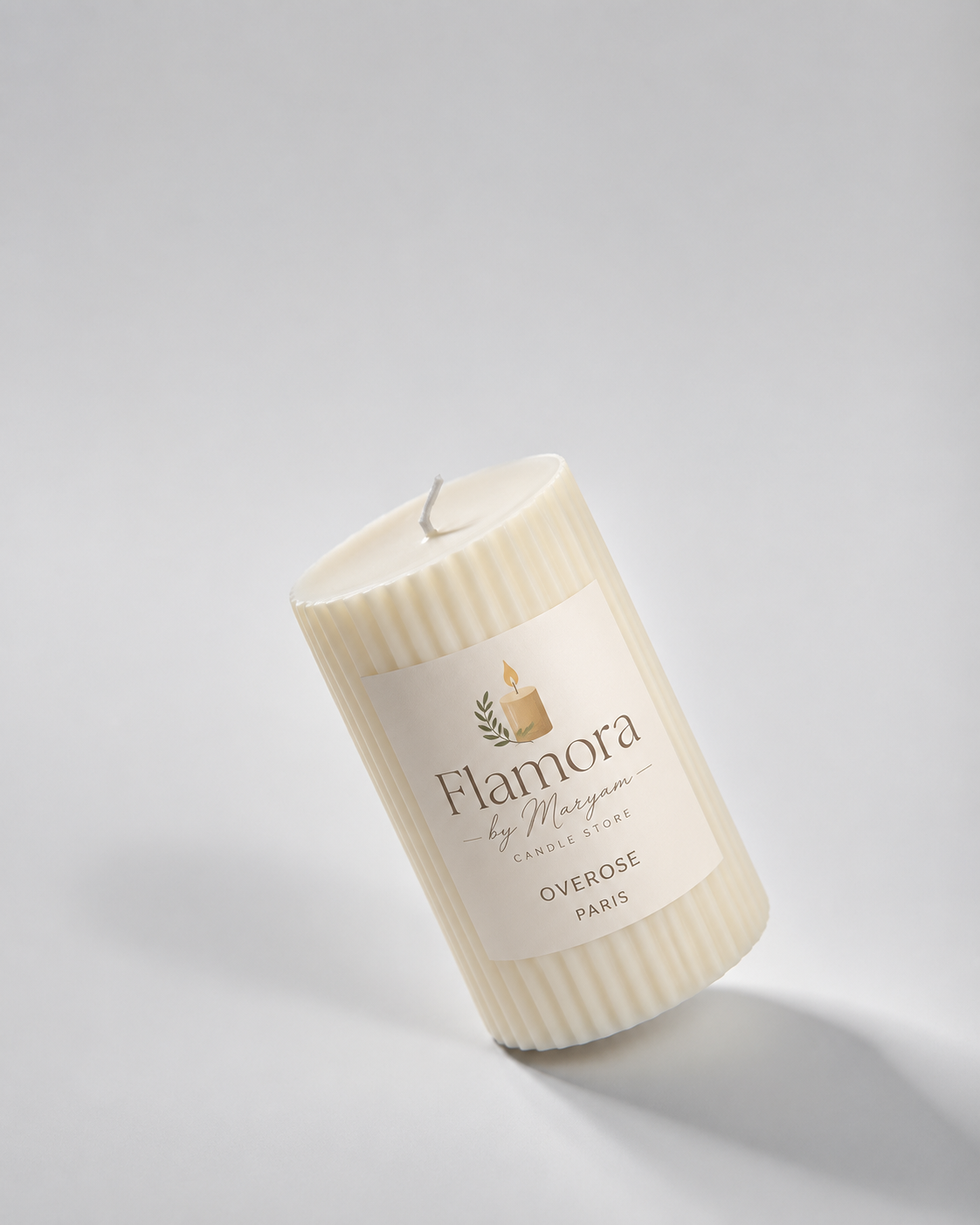 Elegant ivory ribbed pillar candle by Flamora by Maryam with rose fragrance, decorative soy wax candle for modern home decor