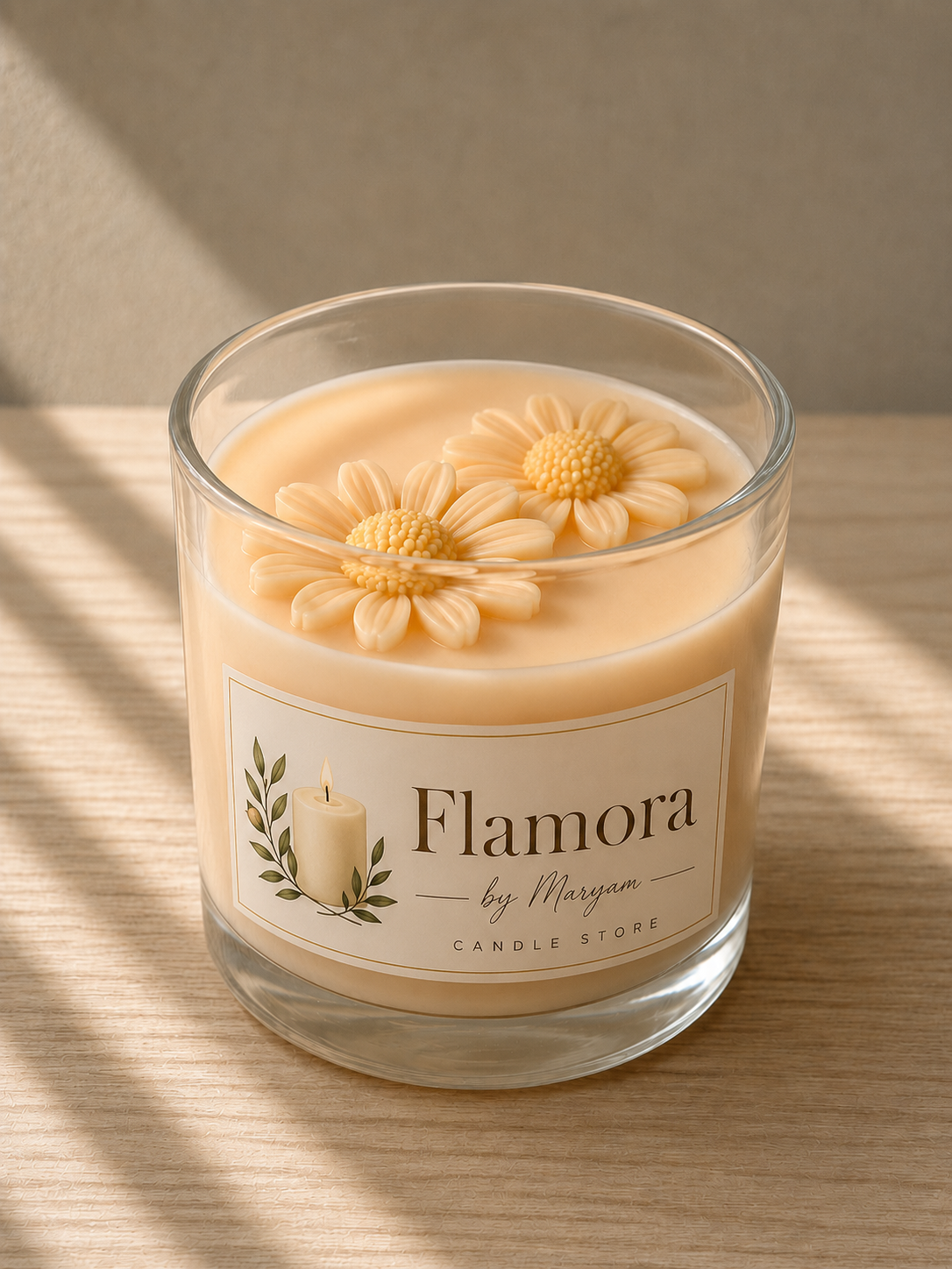 Flamora Daisy Flower Soy Wax Candle in Glass Jar Decor