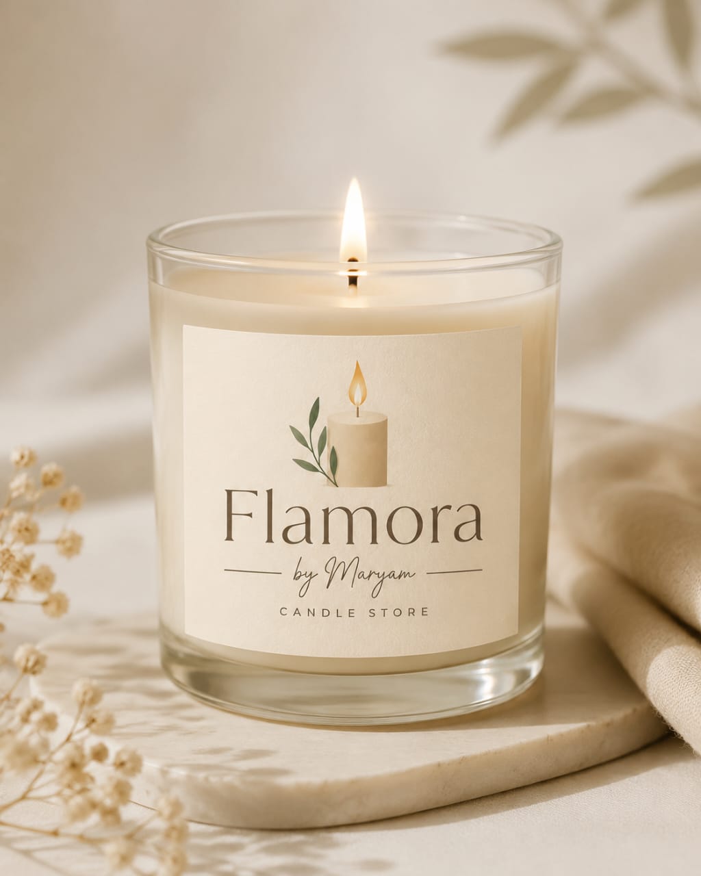 Flamora Beige soy wax candle in a premium clear glass jar with elegant minimalist label for luxury home décor and gifting.