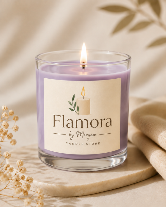 Flamora lavender soy wax candle in a premium clear glass jar with elegant minimalist label for luxury home décor and gifting.