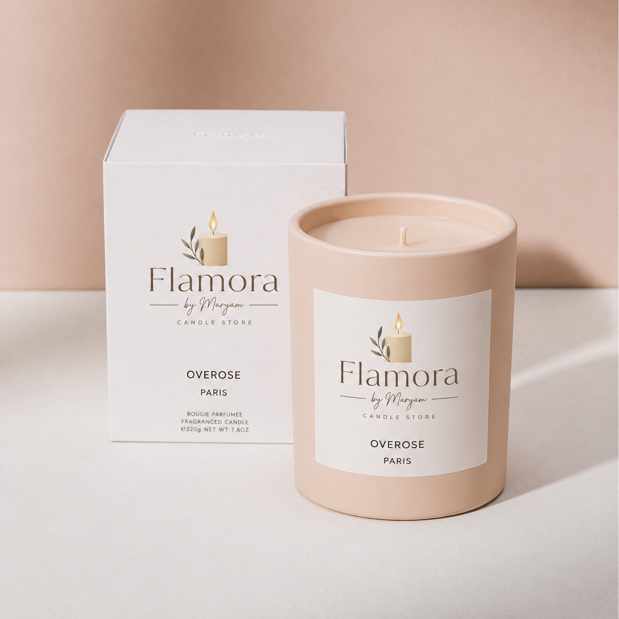 Flamora by Maryam Signature scented soy wax candle in a blush glass jar with matching luxury gift box, elegant home décor candle for gifting and relaxation.