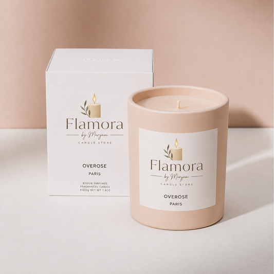 Flamora by Maryam Signature scented soy wax candle in a blush glass jar with matching luxury gift box, elegant home décor candle for gifting and relaxation.
