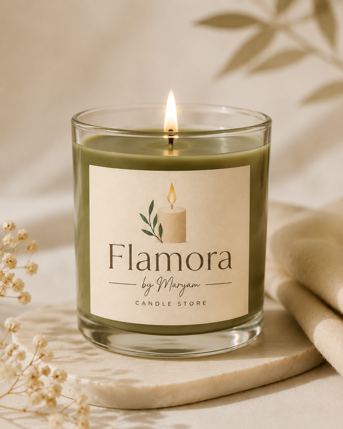 Flamora olive soy wax candle in a premium clear glass jar with elegant minimalist label for luxury home décor and gifting.
