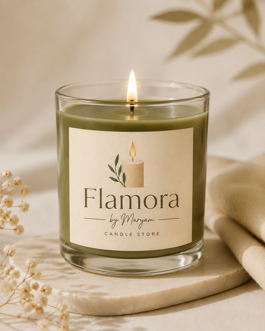 Flamora olive soy wax candle in a premium clear glass jar with elegant minimalist label for luxury home décor and gifting.