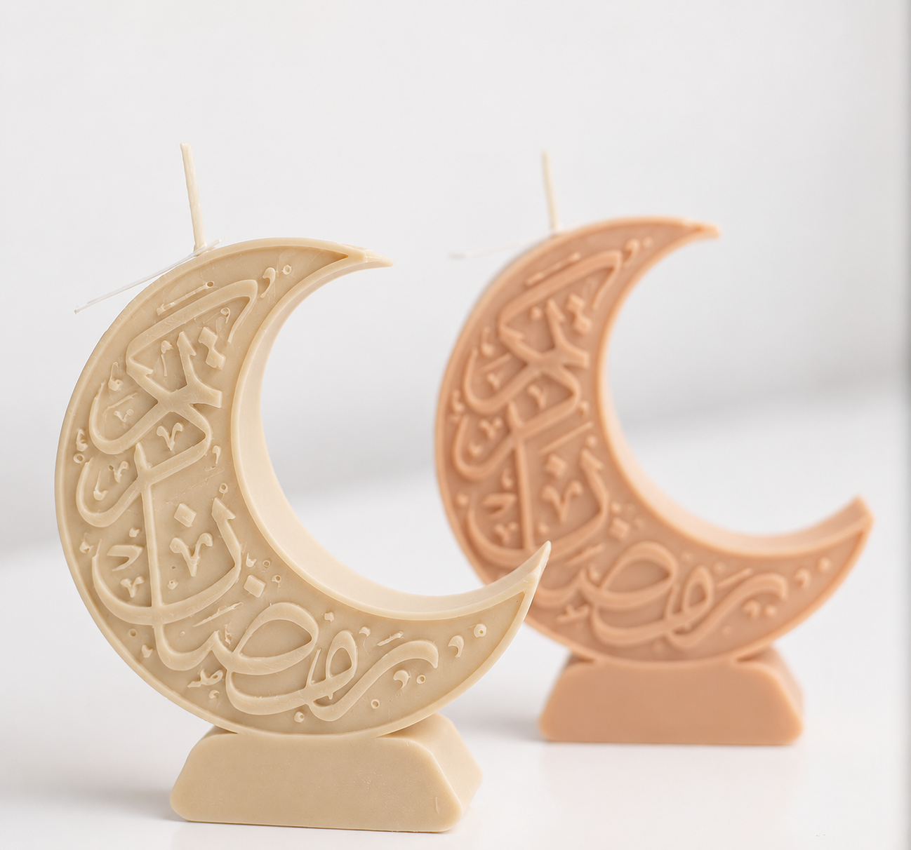 Cream Islamic crescent moon decorative soy wax candle with elegant Arabic calligraphy for Ramadan, Eid home decor and gifting.