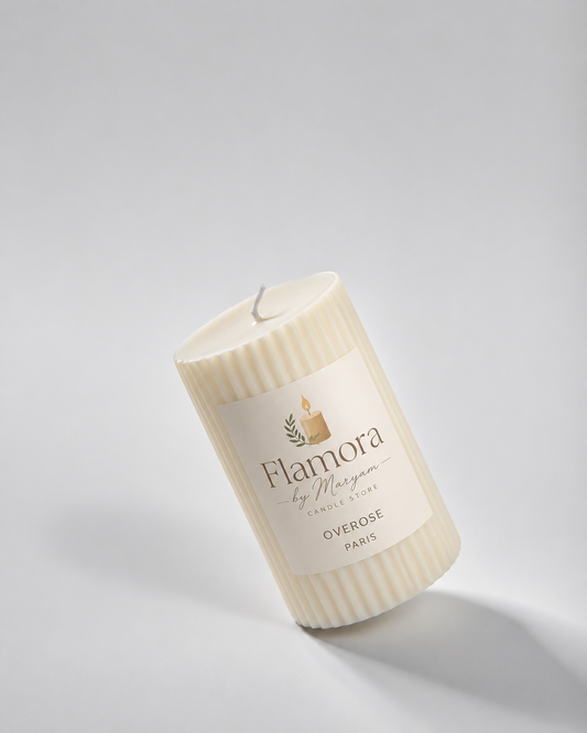 Elegant ivory ribbed pillar candle by Flamora by Maryam with rose fragrance, decorative soy wax candle for modern home decor