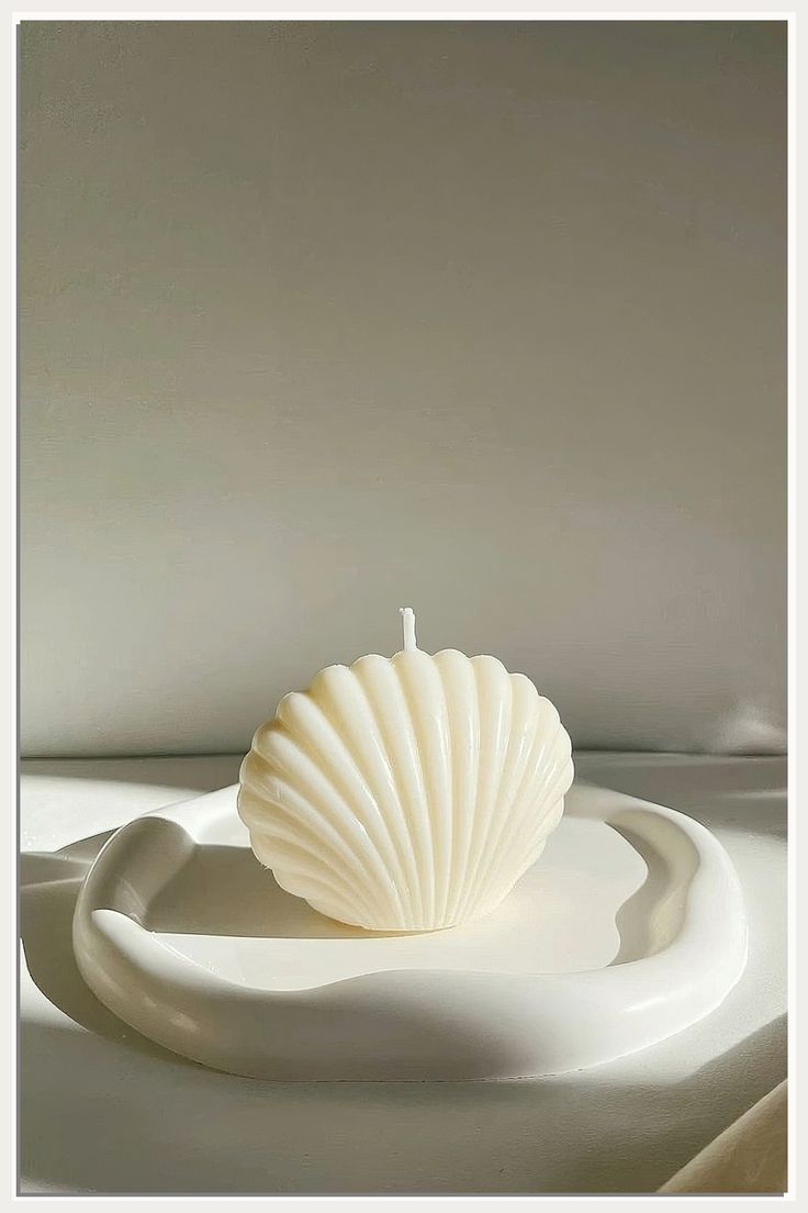 Handcrafted ivory seashell soy wax candle with cotton wick, modern coastal decorative candle for home décor and luxury gifting.