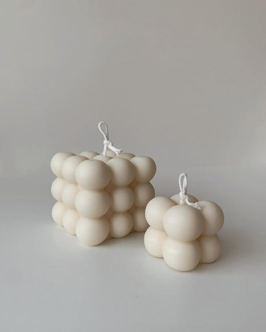 Handcrafted ivory bubble cube soy wax candles with cotton wicks, modern minimalist decorative candles for home décor and gifting.