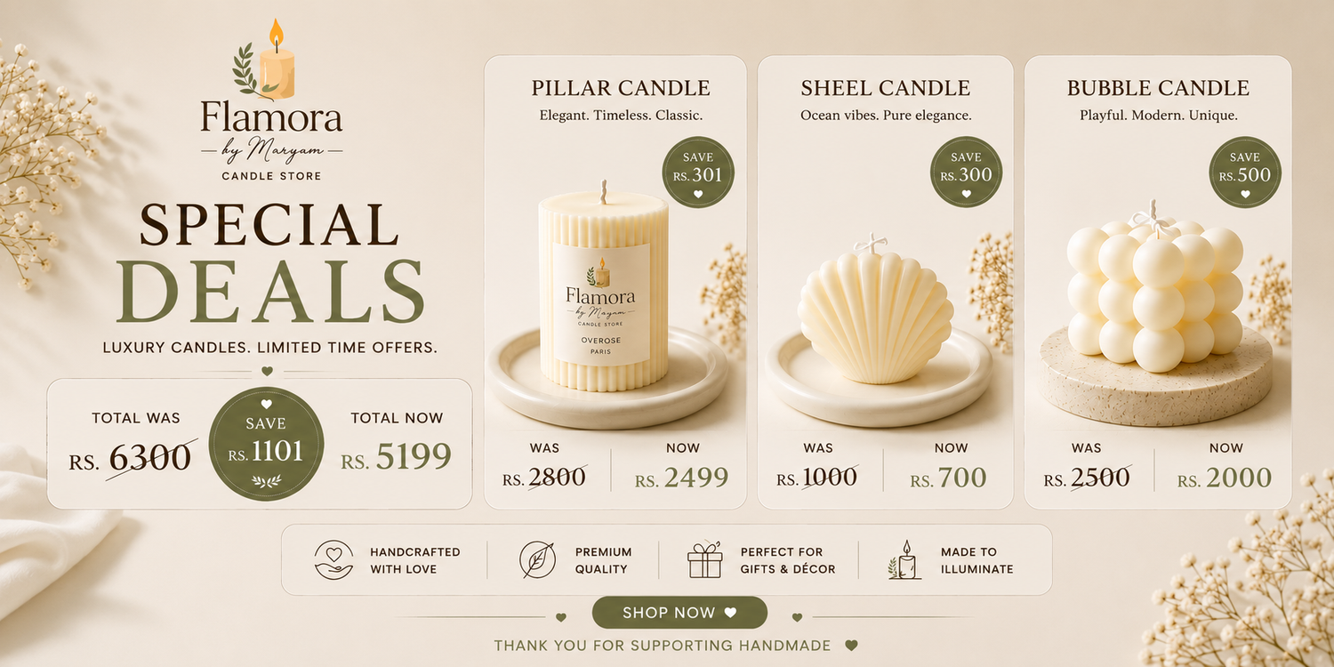 Luxury handmade candle bundle featuring Pillar, Shell, and Bubble Candles by Flamora by Maryam with a special discount offer.