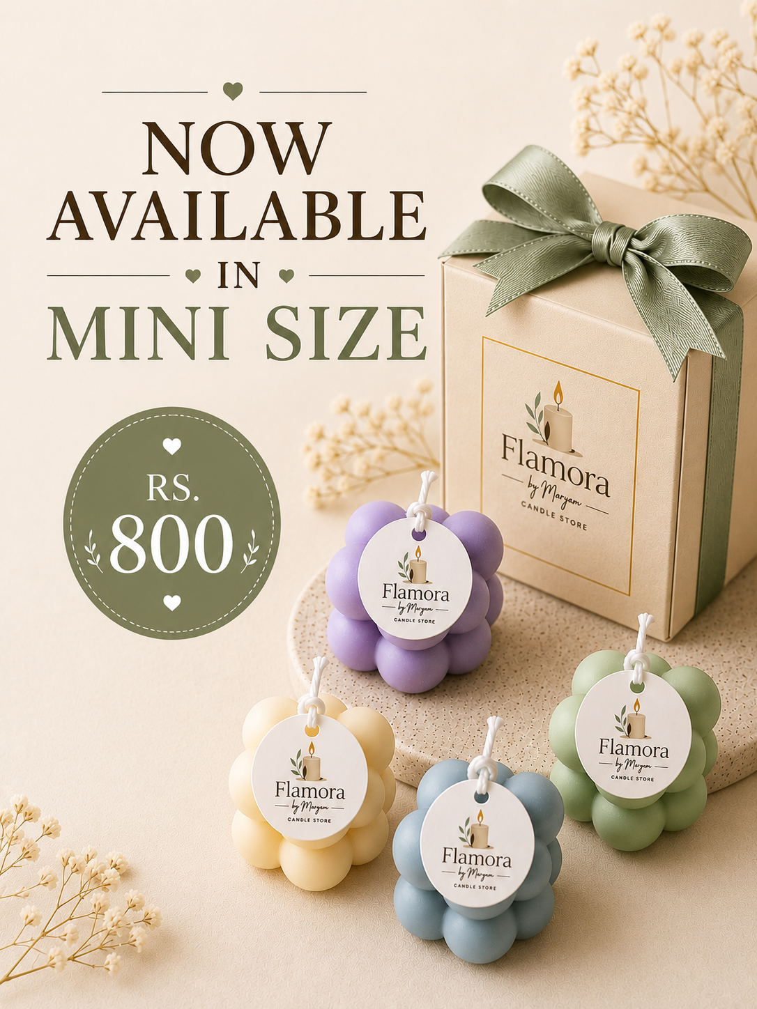 Handmade mini bubble cube candle by Flamora by Maryam in pastel colors, perfect for home décor, gifts, and special occasions