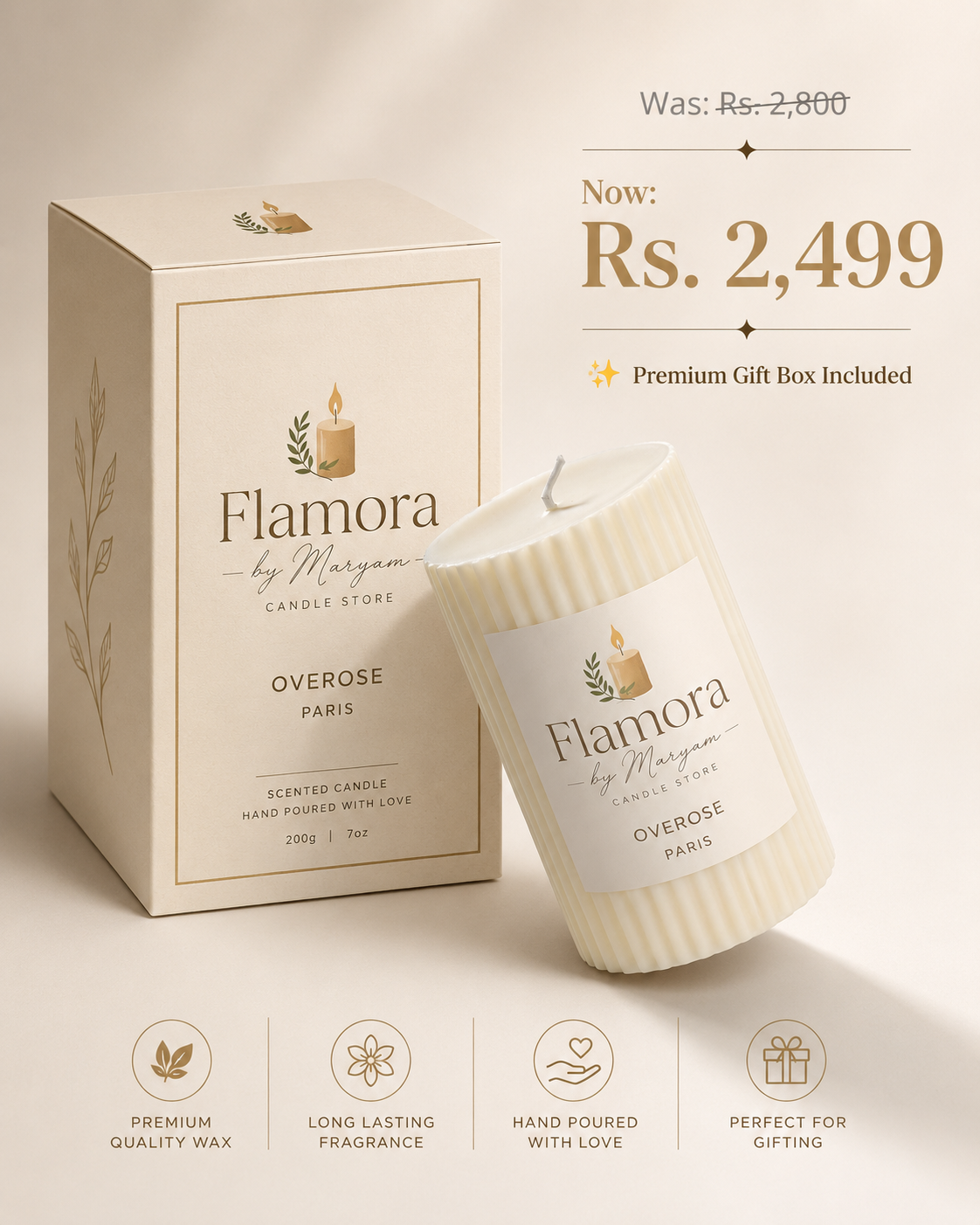 Luxury ribbed pillar candle with premium gift box by Flamora by Maryam, handcrafted with scented wax and perfect for gifting.