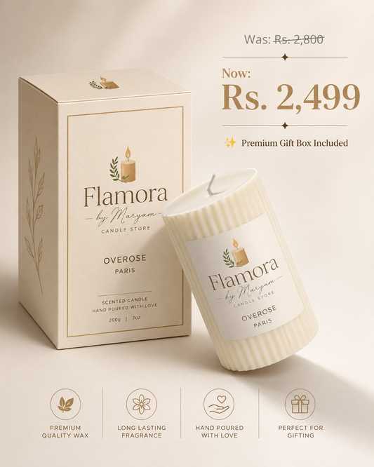 Luxury ribbed pillar candle with premium gift box by Flamora by Maryam, handcrafted with scented wax and perfect for gifting.